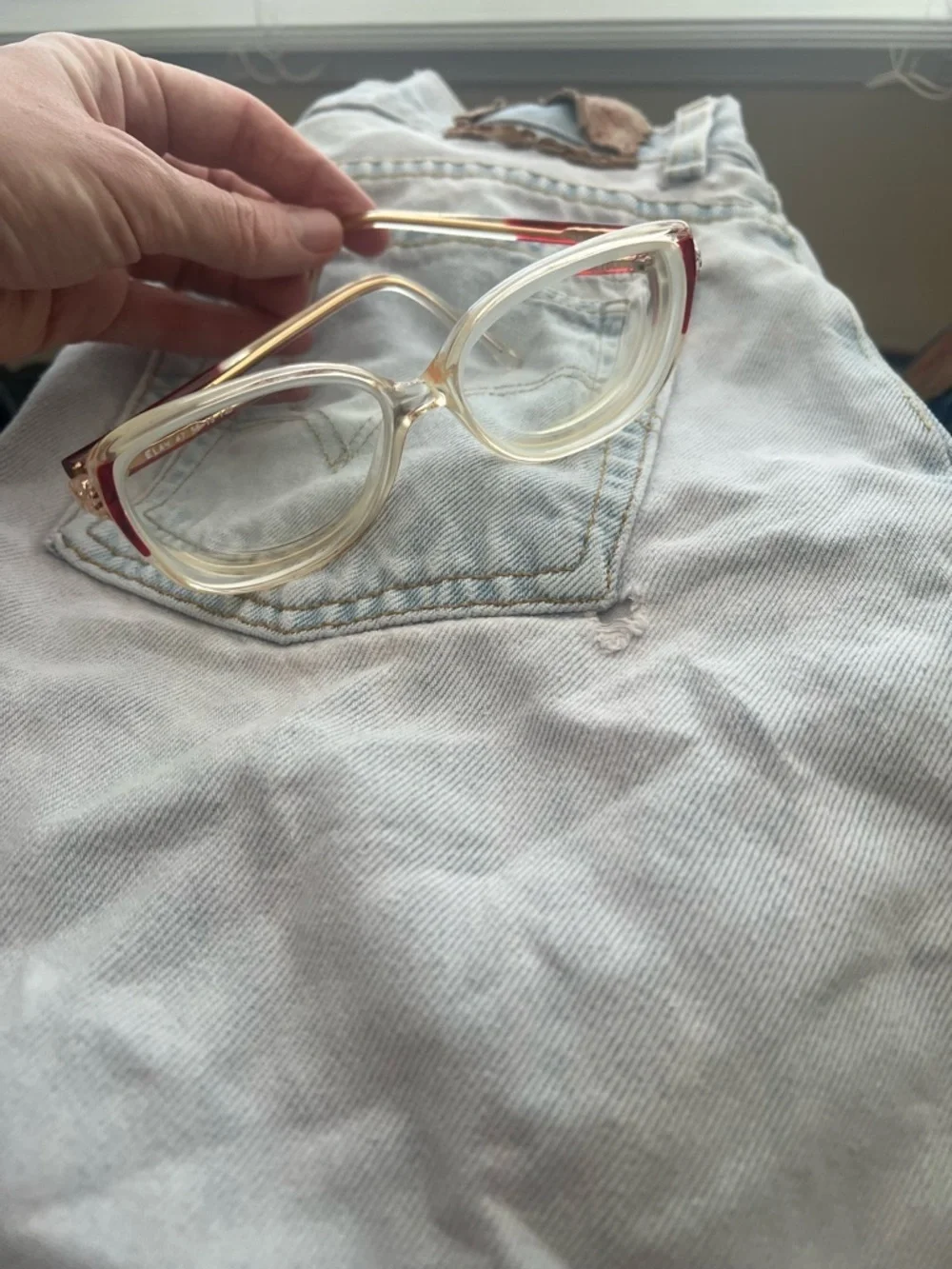 Vintage 80s big Clear & Gold Eyeglasses with Red Accents